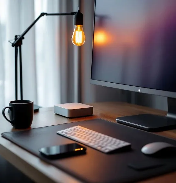 Schreibtisch mit Monitor, Tastatur und Schreibtischlampe in warmem Licht