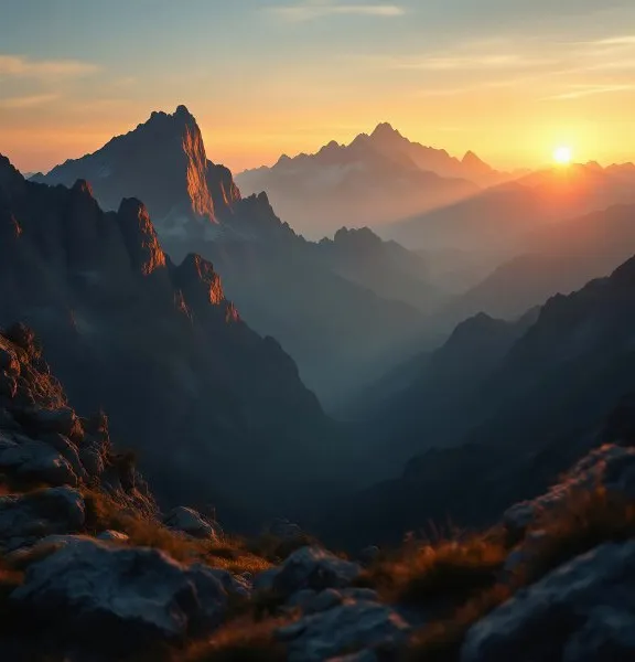 Bergpanorama mit Sonnenuntergang über nebelverhangenen Gipfeln