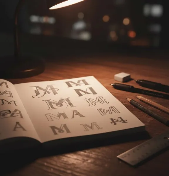 Skizzenbuch mit handgezeichneten Buchstaben-Entwürfen auf einem Schreibtisch