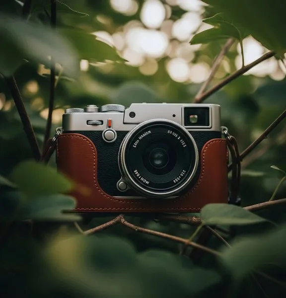 Analoge Kamera mit braunem Lederetui zwischen grünen Blättern