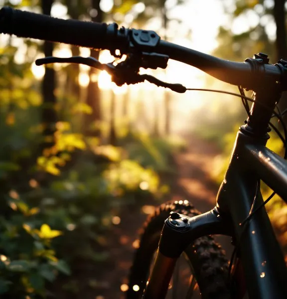 Nahaufnahme eines Mountainbike-Lenkers auf einem Waldweg im Gegenlicht